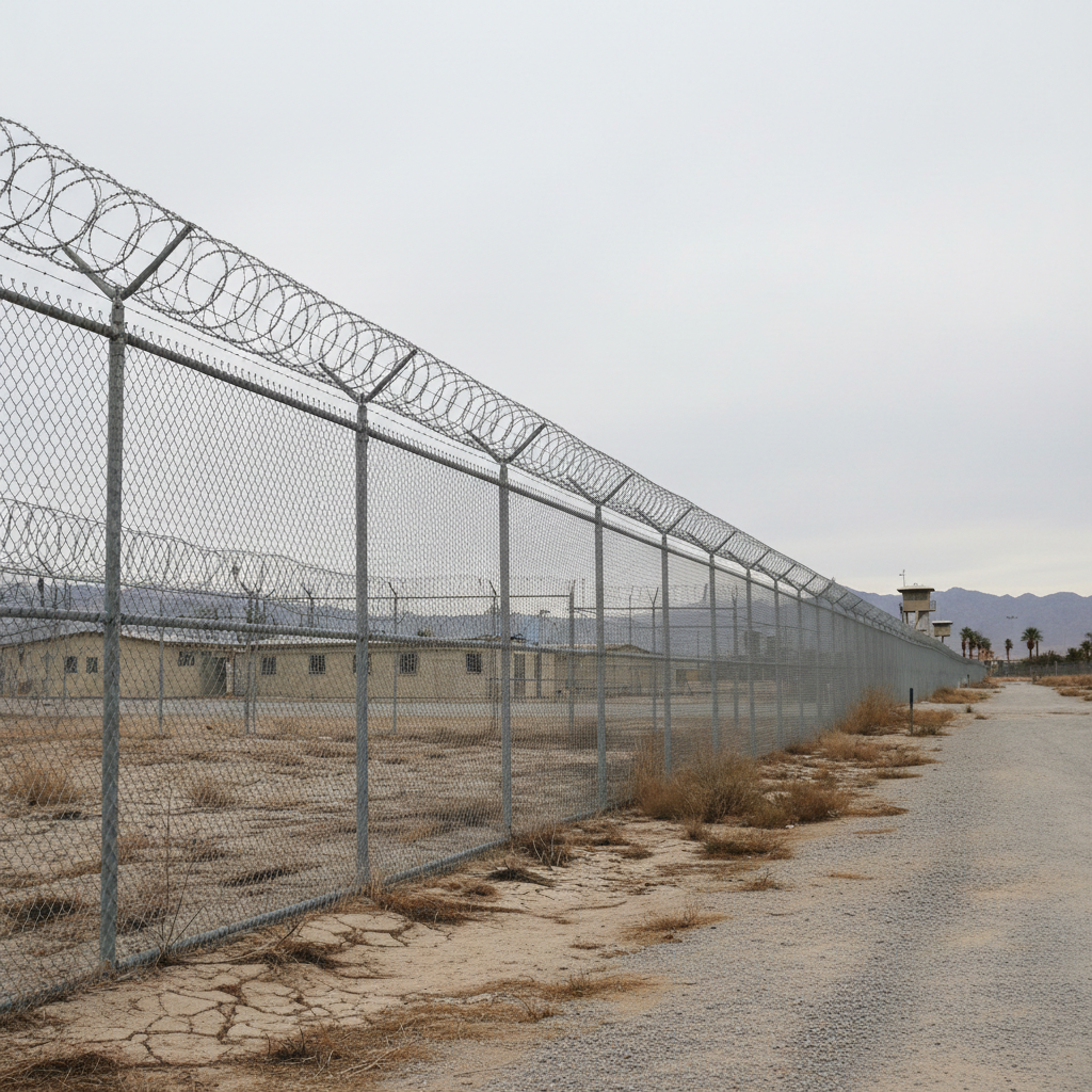 Exterior fence of an immigration detention center, neutral documentary style