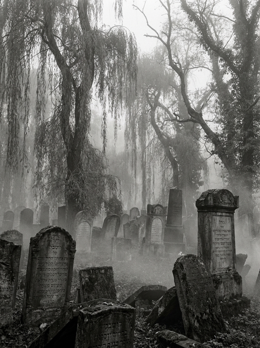 Atmospheric view of old Jewish cemetery stones in the mist, mossy stones, eerie silence, monochrome grey palette