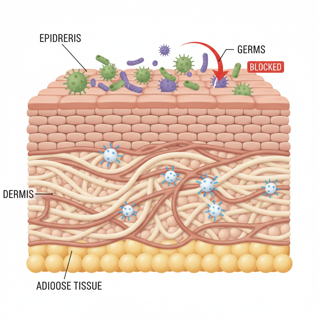 close up illustration of skin layers acting as a wall against germs