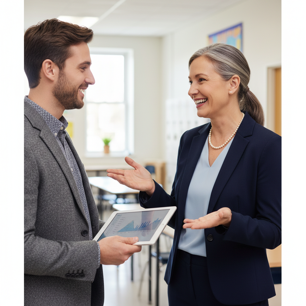 school principal smiling and talking to a teacher holding a tablet