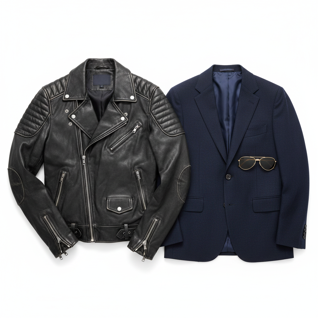 Black leather motorcycle jacket next to a navy blue blazer and luxury sunglasses, white background, commercial product photography
