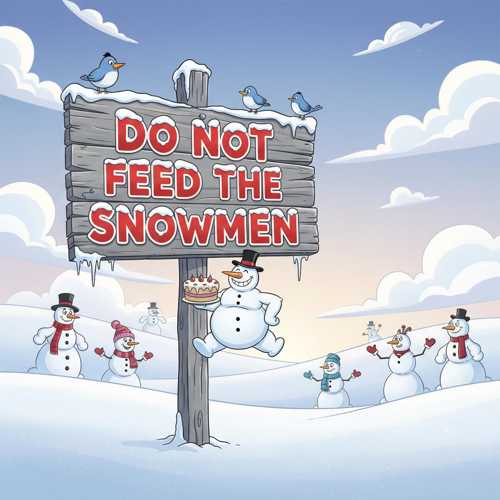 A weathered wooden sign in a snowy field that says 'DO NOT FEED THE SNOWMEN', cartoon style