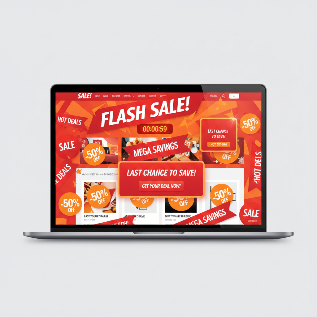 E-commerce website interface on laptop screen, cluttered with aggressive red 'SALE' banners, countdown timers, -50% tags, popups, overwhelming discount visuals, orange and red accents, digital screenshot style.