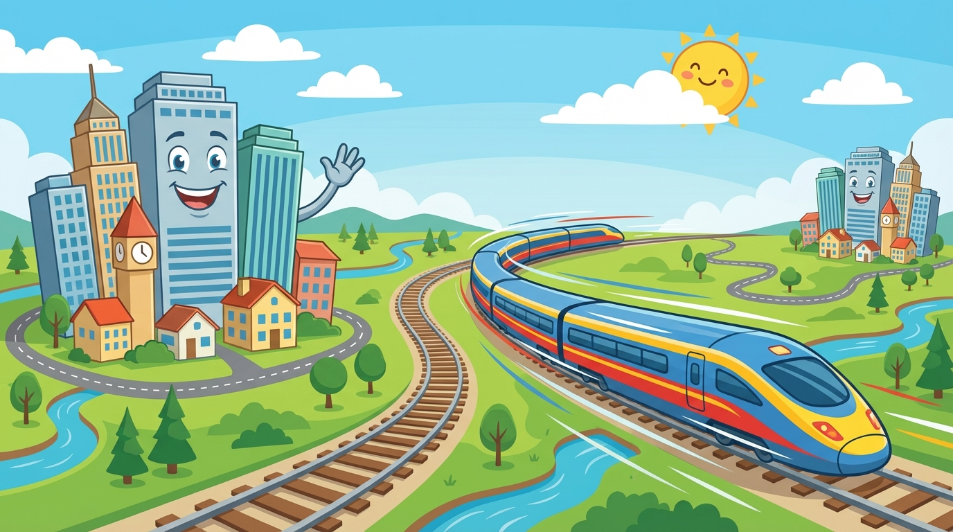 Cartoon map with fast transport connecting smiling cities