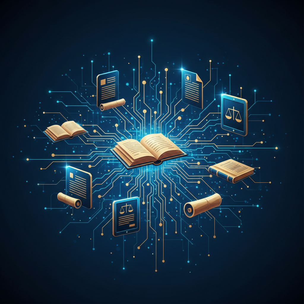 Abstract digital network connecting legal documents, blue and gold color scheme, clean lines, technology concept