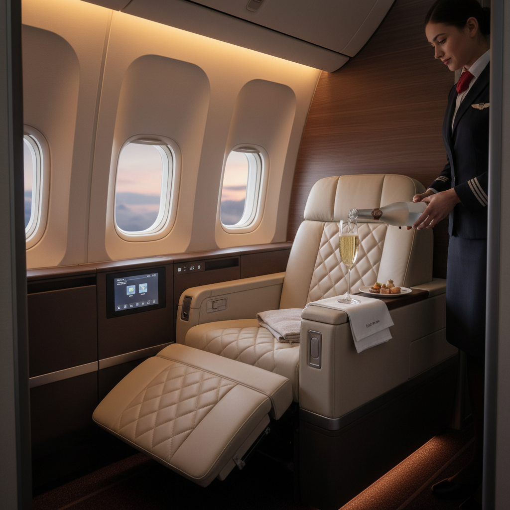 Interior view of luxury first class airline suite, champagne glass, leather seats, warm lighting, flight attendant serving, photorealistic 8k
