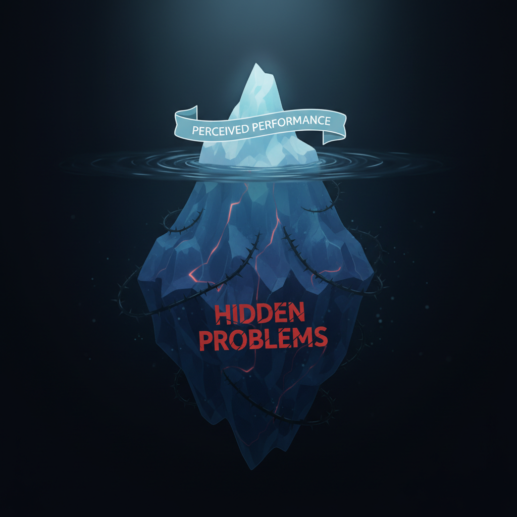Iceberg floating in dark water, seeing only the tip above water representing perceived performance, and a huge mass below representing hidden problems, 3d illustrative style