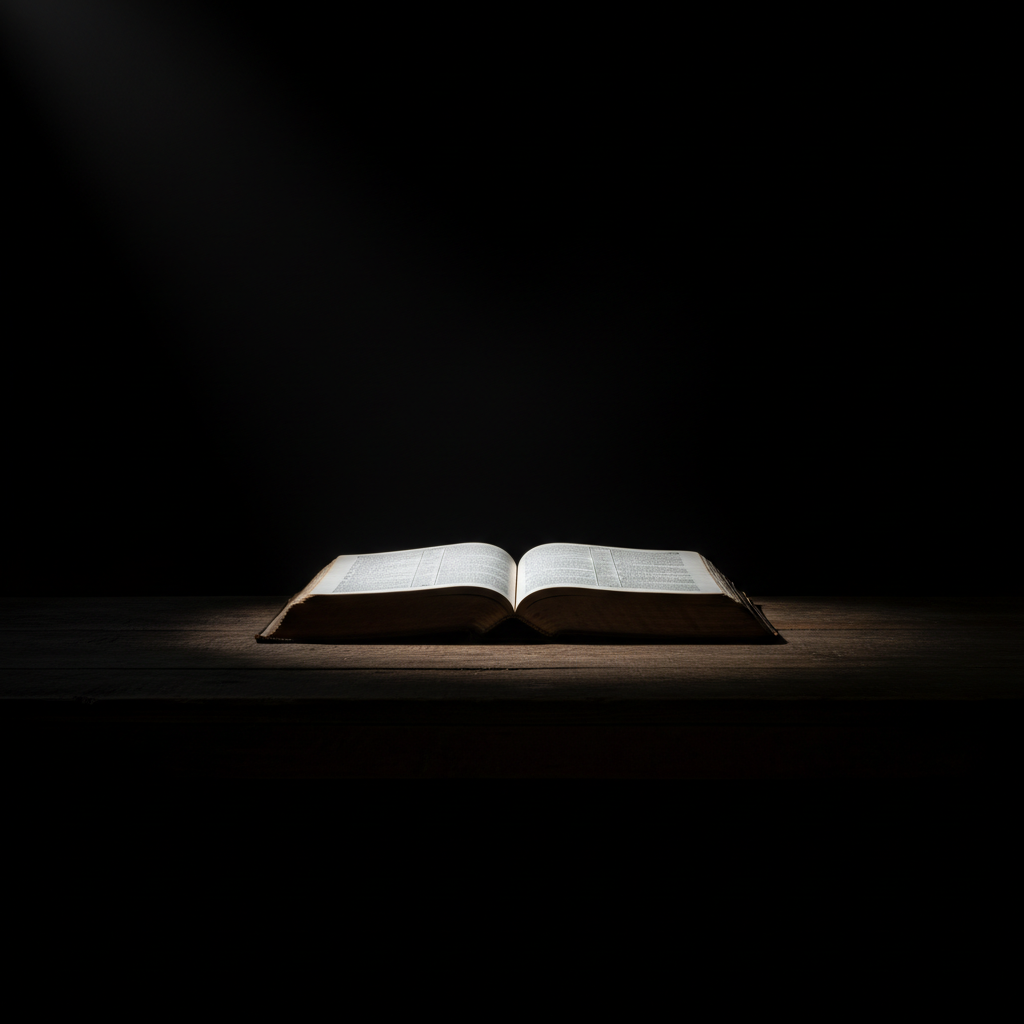 minimalist dramatic lighting on an open bible on a wooden table, dark background, cinematic, solemn atmosphere