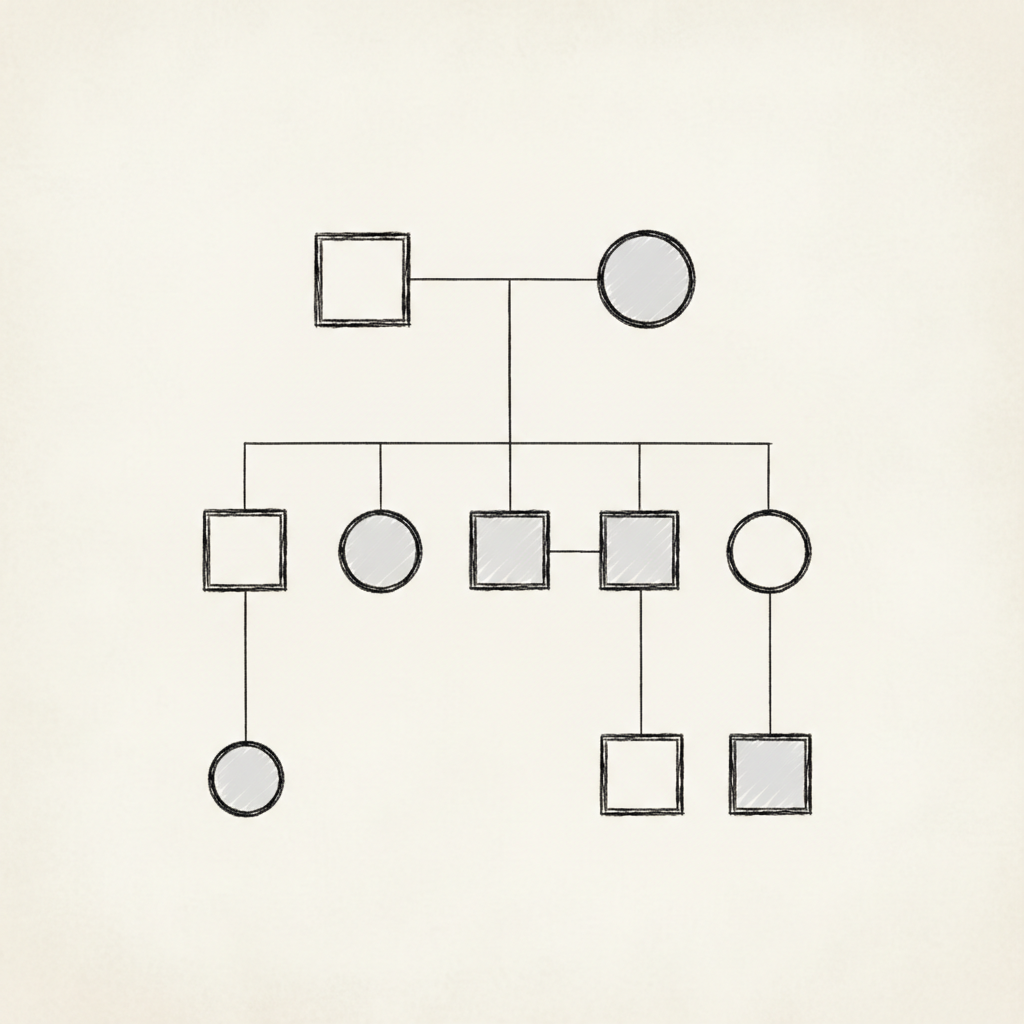 scientific pedigree chart showing 3 generations of inheritance, squares and circles, some shaded light grey, hand drawn style