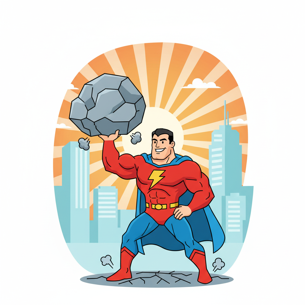 illustration of a superhero character lifting a heavy rock easily, cartoon style