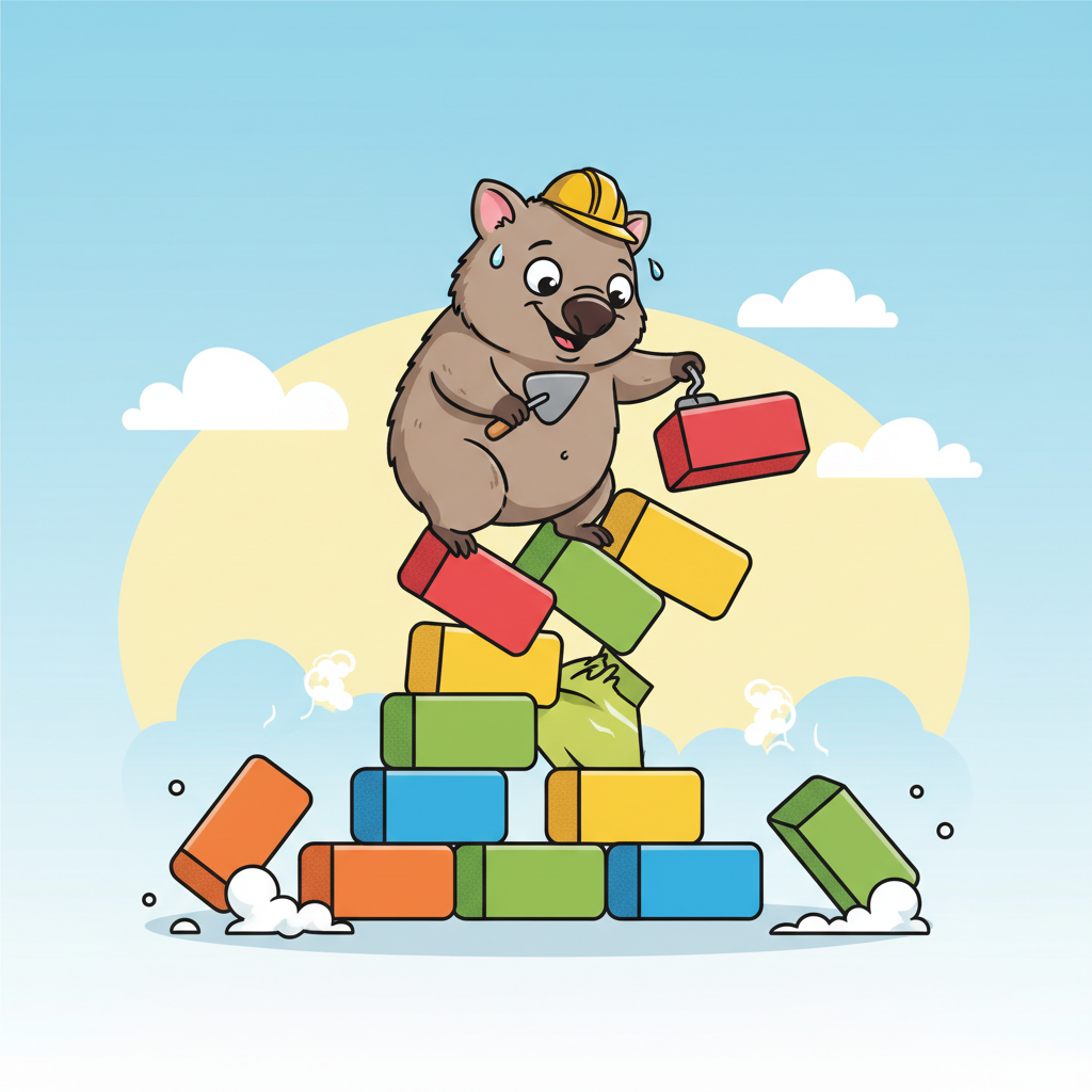 Funny cartoon wombat stacking cube shaped bricks, vector illustration