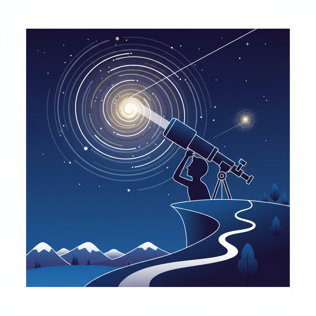 A person looking through a telescope at a distant galaxy, symbolizing perspective and distance, vector art style