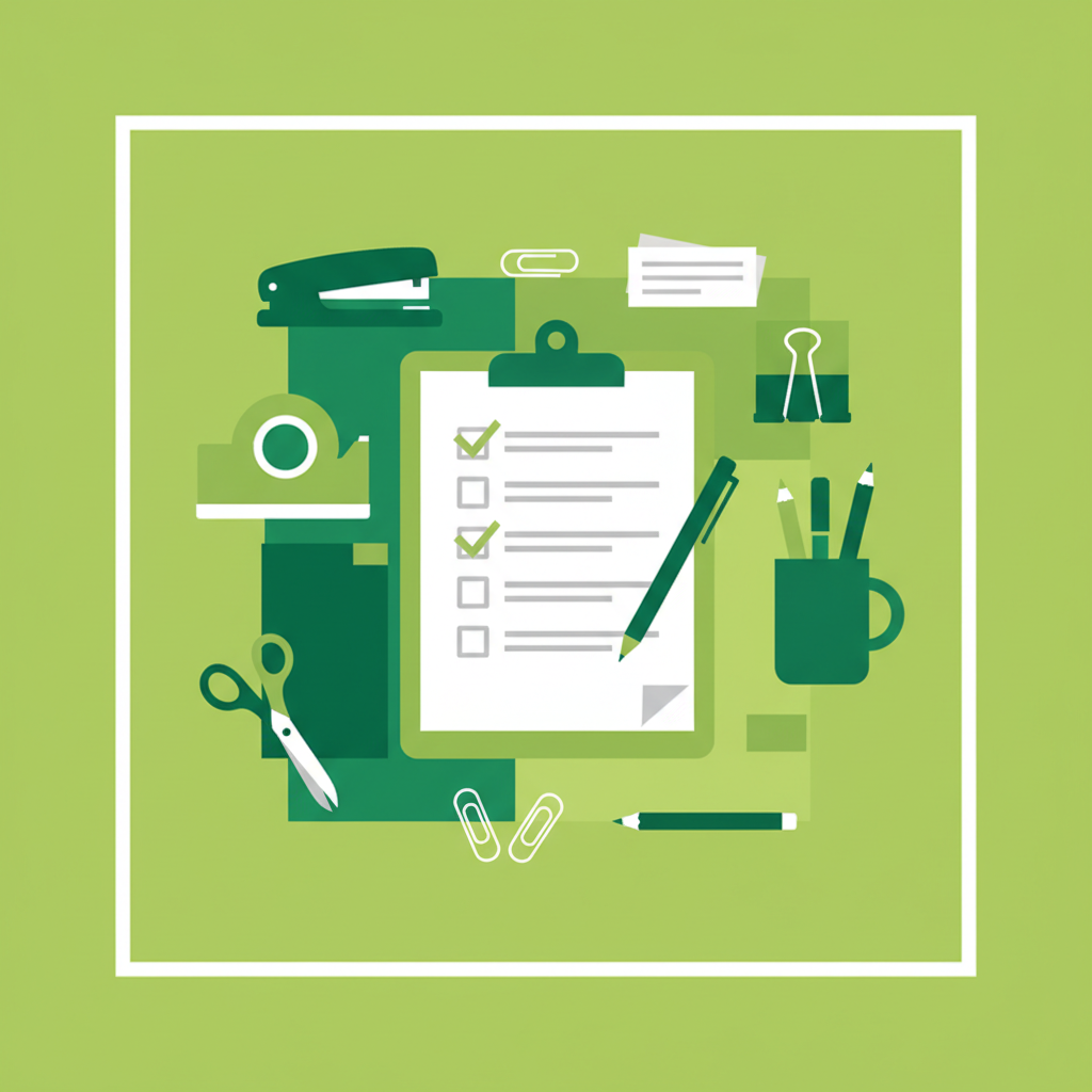 flat vector illustration of clipboard, checklist and office stationery items, green color scheme