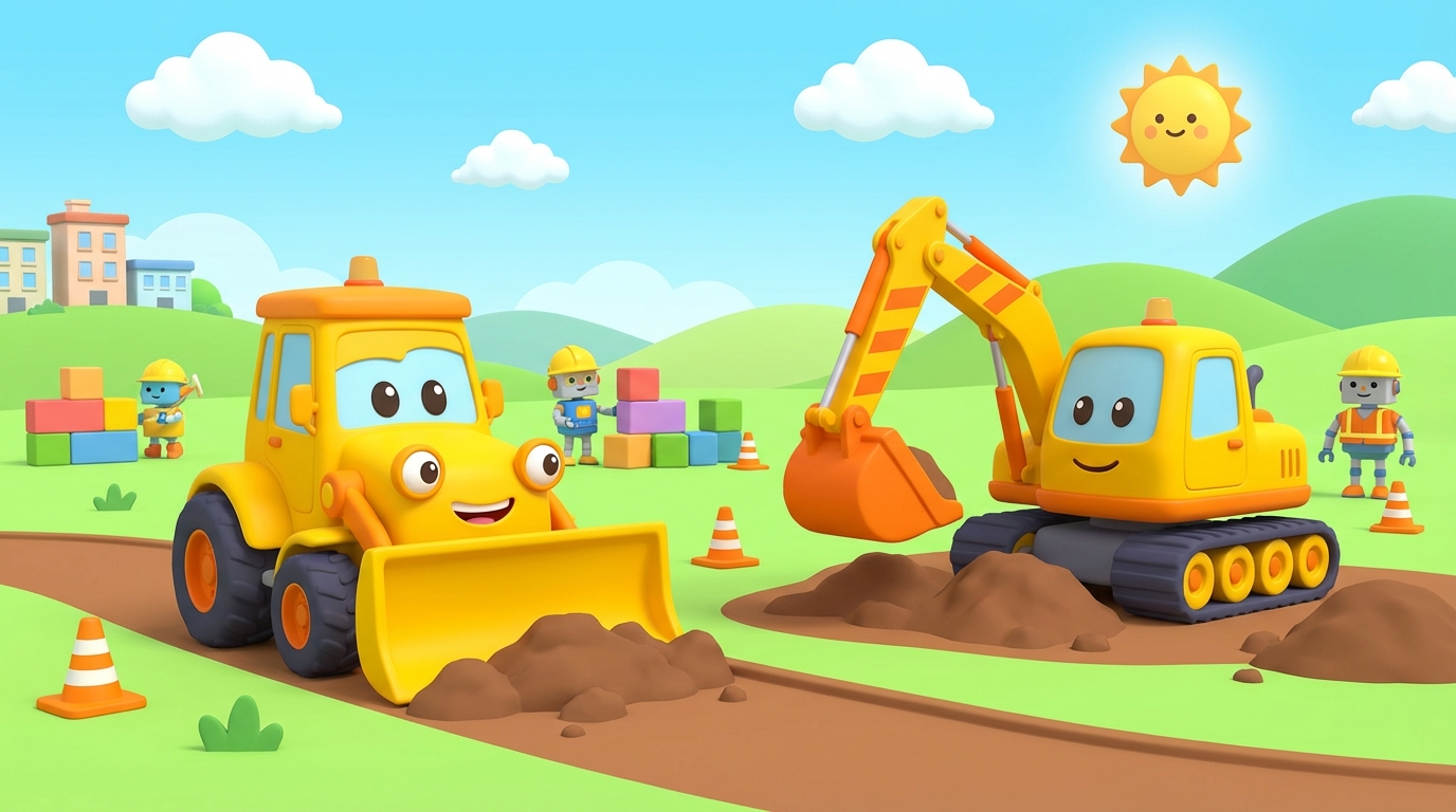 Cartoon construction site with bulldozer and excavator
