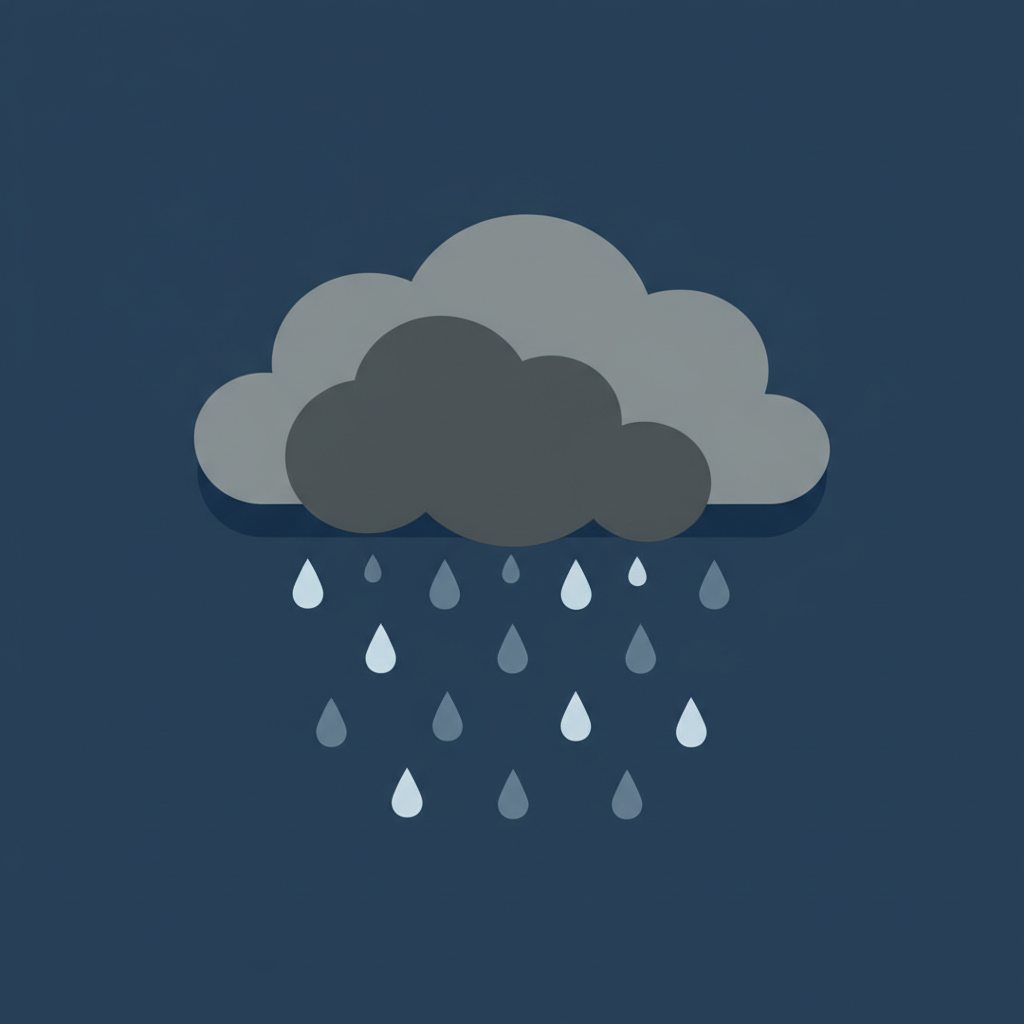 vector illustration of a heavy grey rain cloud releasing rain drops, minimalist flat style, dark blue background