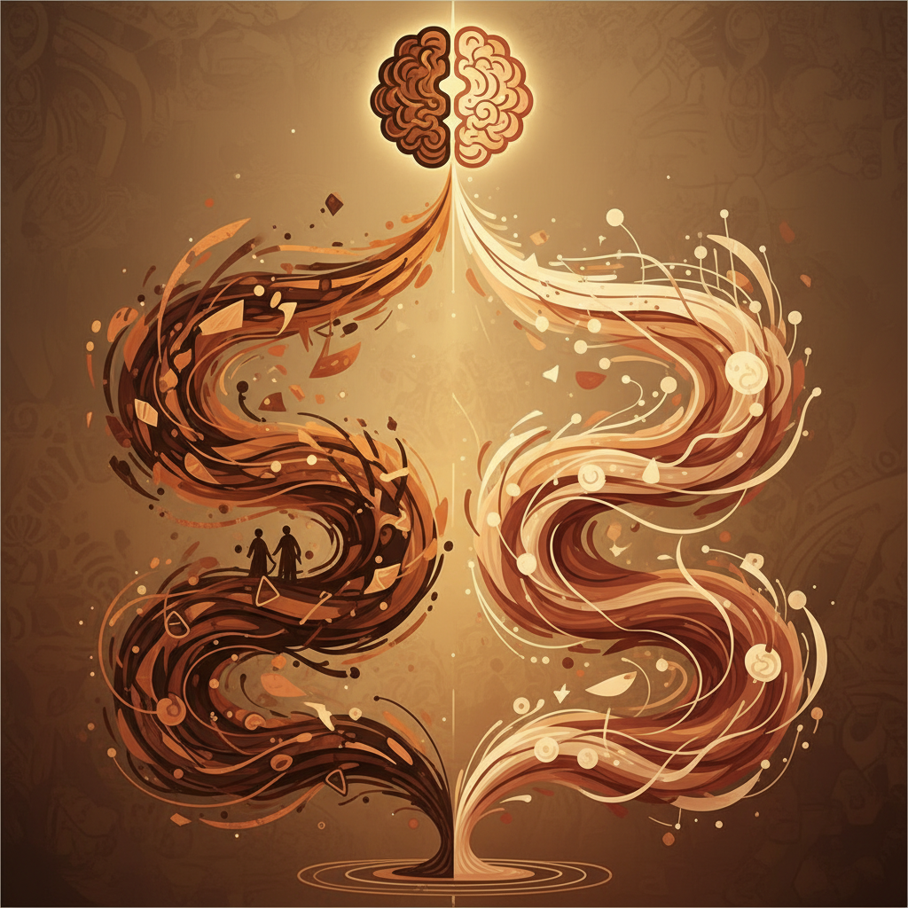 Two distinct paths diverging, conceptual illustration of difference, psychology, warm sepia and earth tones, digital art