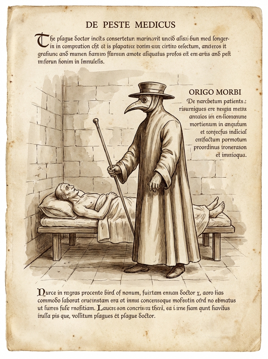 medieval medical drawing of a plague doctor examining a patient
