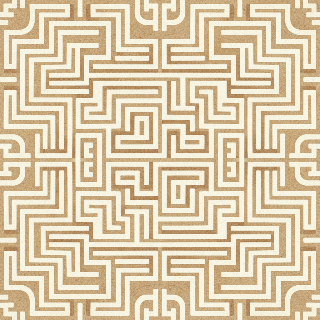 Abstract question marks and maze pattern, beige and coffee colors, minimalist textured style