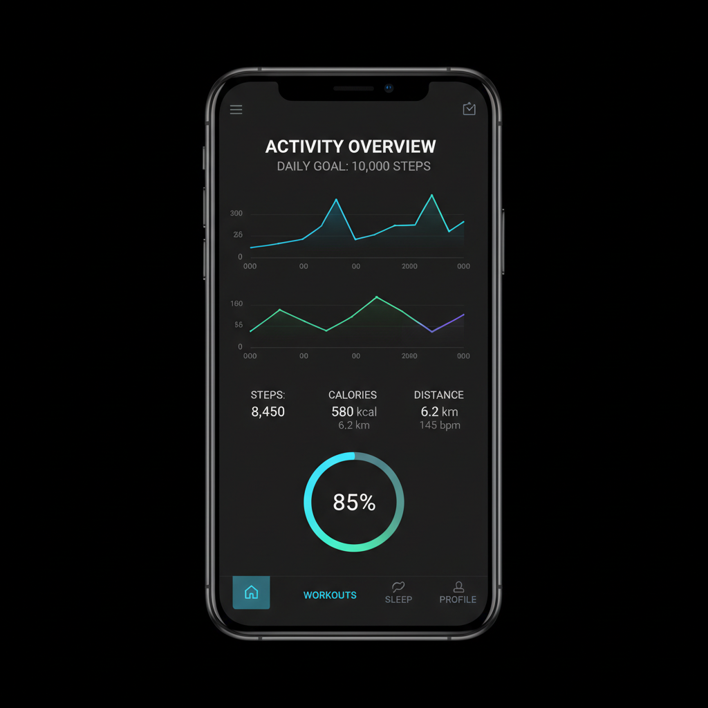smartphone displaying a dark mode fitness tracking app interface with graphs and numbers, isolated on black background