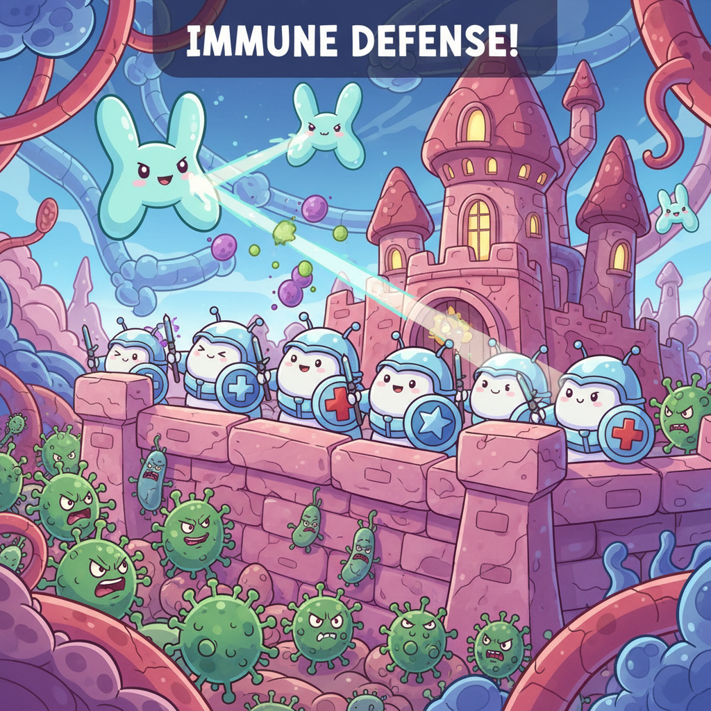 cartoon illustration of white blood cells dressed as cute soldiers defending the body fortress with shields