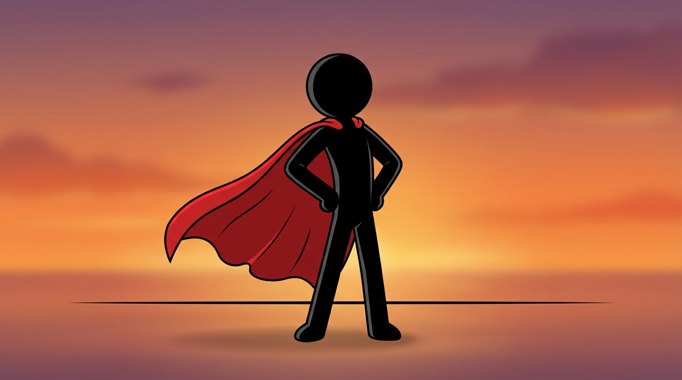 Hero stickman doing a victory pose: hands on hips, chest puffed out, cape blowing in the wind. Sun setting in the background (orange sky).