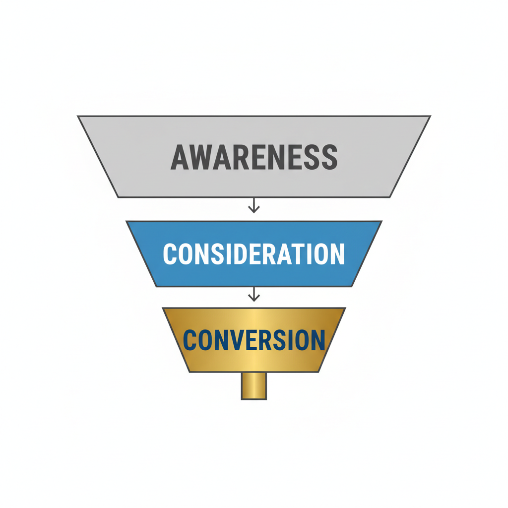 marketing funnel diagram with 3 layers grey blue gold vector flat style
