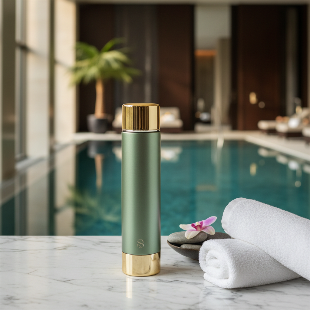 Luxury spa environment, marble surfaces, blurred background of a pool, in the foreground a premium matte green water bottle with gold cap standing elegant, magazine quality, interior design photography