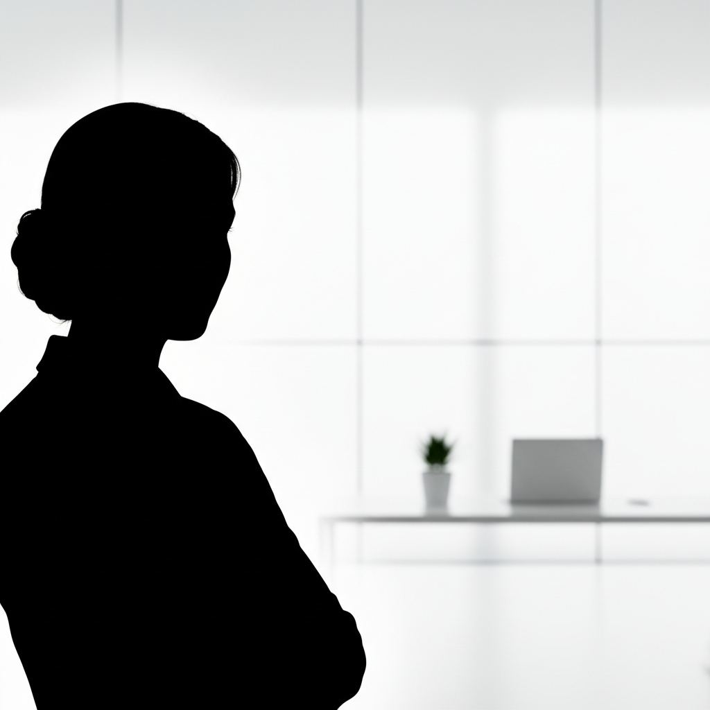 Professional corporate headshot silhouette or executive assistant working in a clean modern office, minimal style
