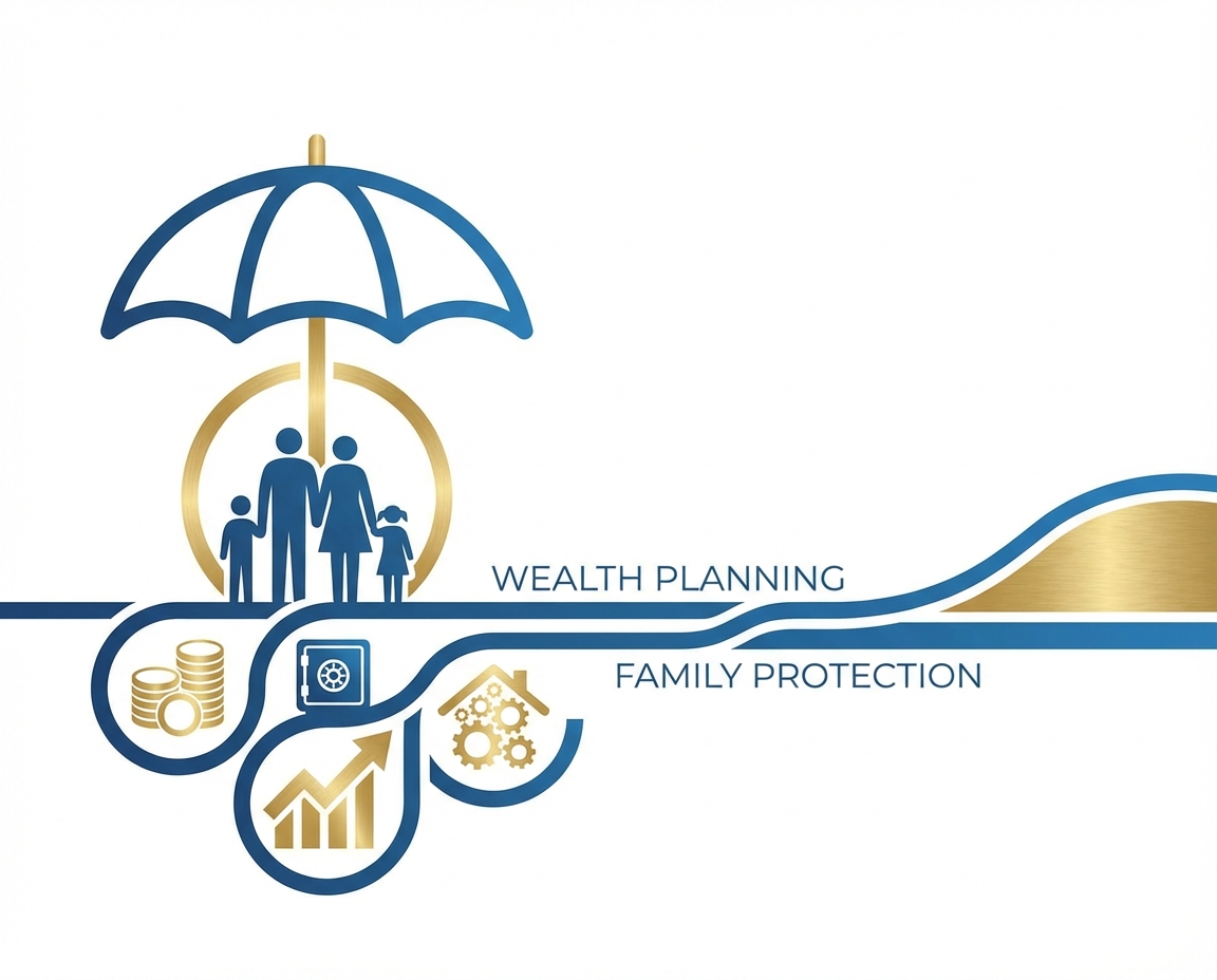 Professional wealth planning concept, family protection umbrella, financial security symbols, elegant blue and gold corporate illustration, minimalist style