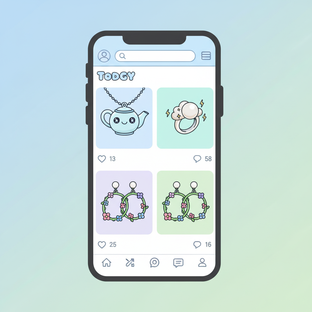 smartphone screen showing social media app with jewelry photos, cartoon style