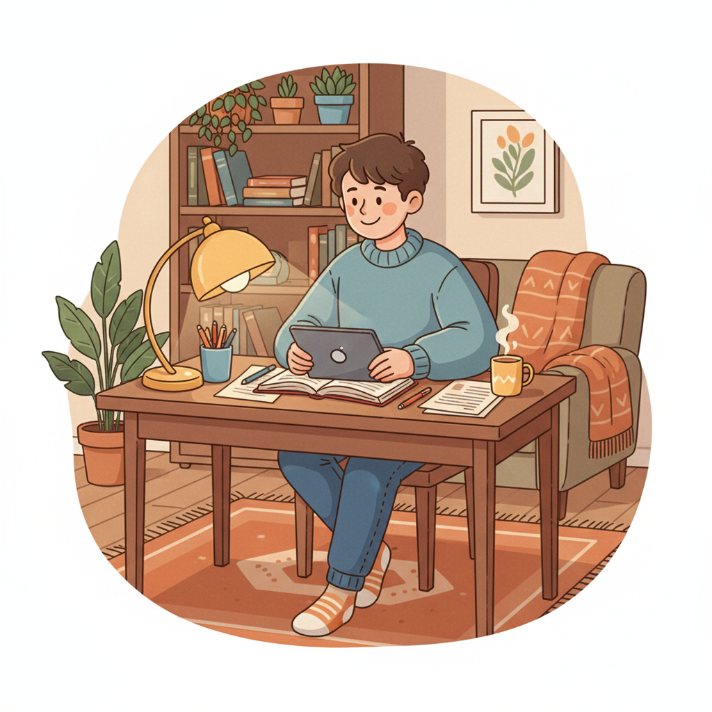 friendly illustration of a student doing homework at a desk with a lamp, cozy atmosphere
