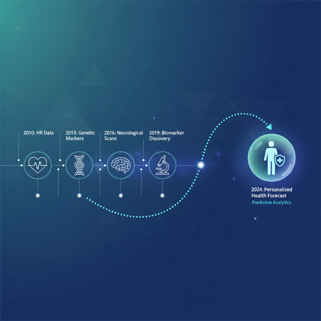 illustration of a timeline showing medical data points leading to a future prediction, data visualization style, clean vectors
