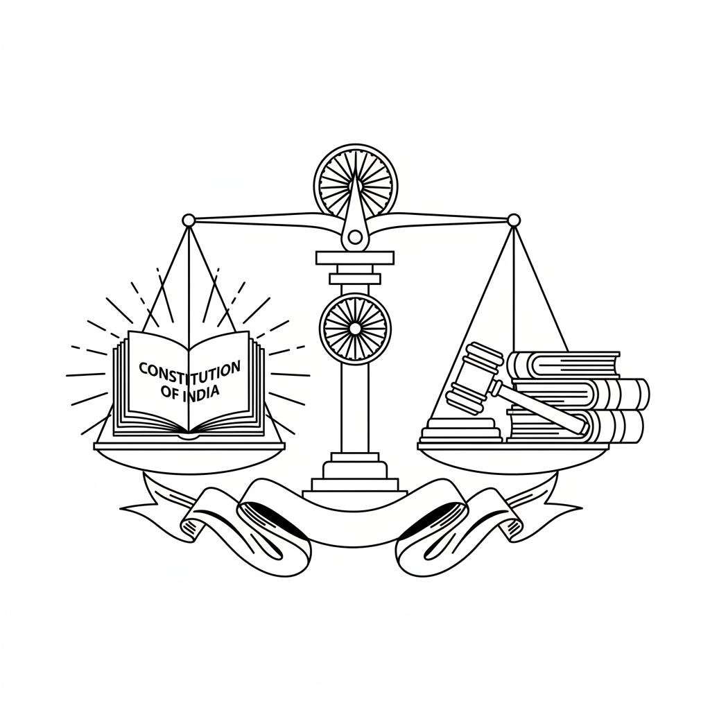 Scales of justice illustration with Indian constitution book, academic, clean line art