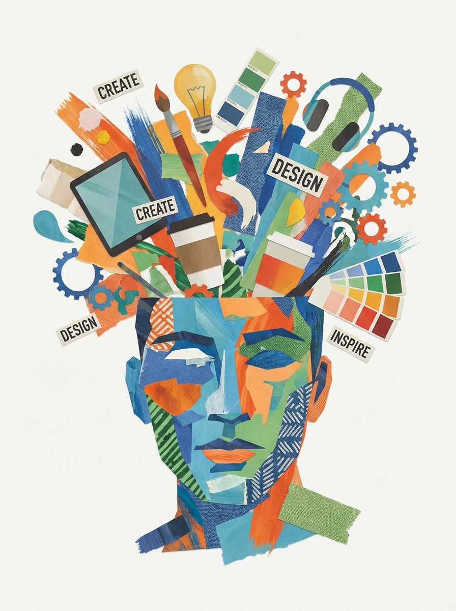 An artistic illustration of a multitasking designer head with creative elements exploding out, colorful, collage style