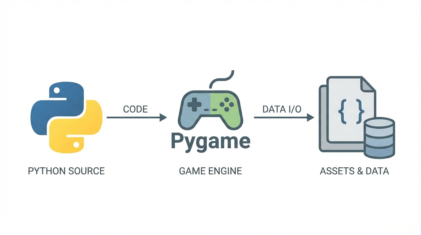 Technical diagram showing Python logo connecting to Pygame logo and a JSON/Database file icon. Modern flat infrastructure diagram style.