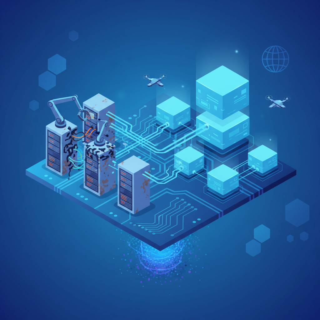isometric illustration of a modern cloud data center replacing old server racks, clean vector style, azure blue color palette