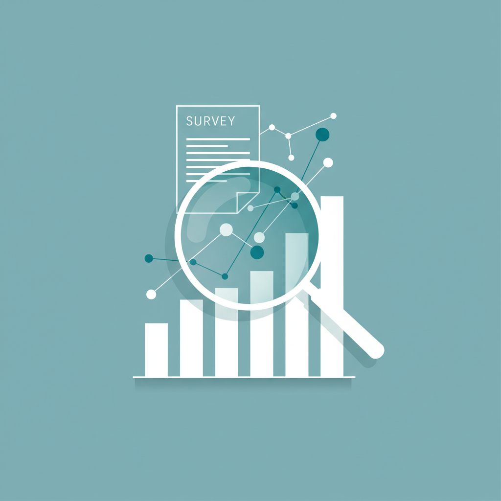 A magnifying glass analyzing a bar chart or survey paper, minimal abstract style, teal and white colors, representing critical analysis of data