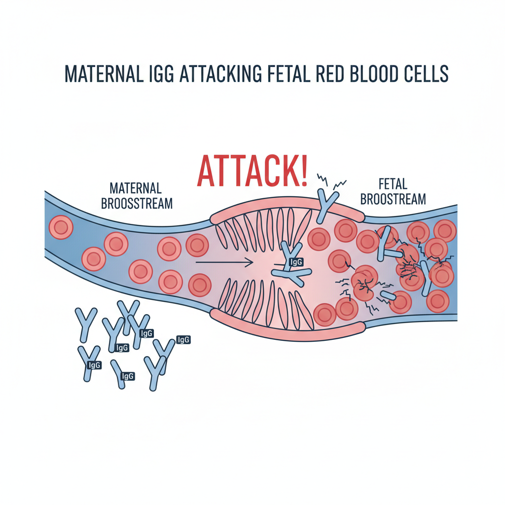 diagram showing maternal IgG antibodies crossing the placenta to attack fetal red blood cells, educational medical style, clean lines