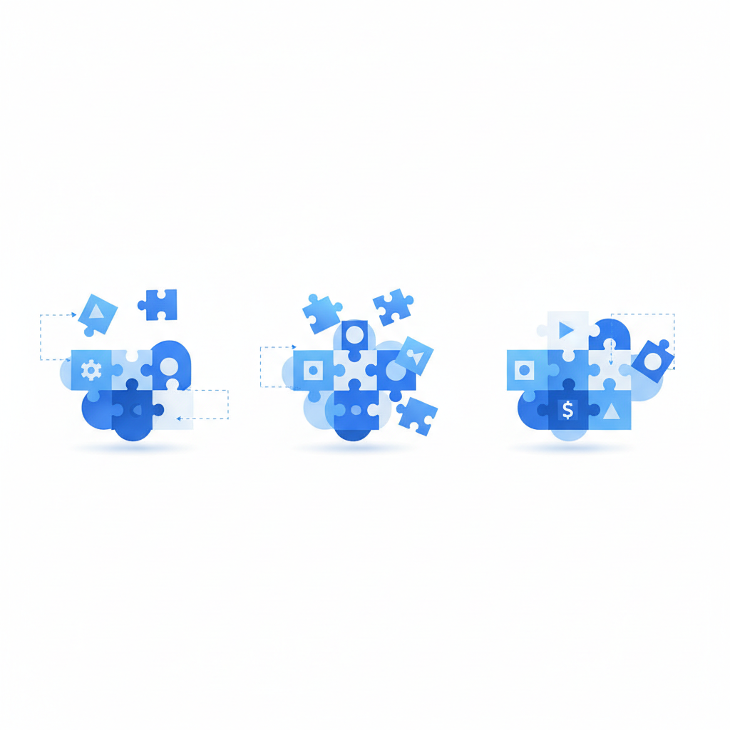 minimalist illustration of puzzle pieces being rearranged, representing corporate restructuring and asset reallocation, blue and white