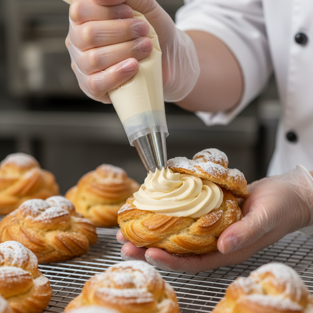 Baker injecting cream filling into a pastry with a piping bag, close up detail