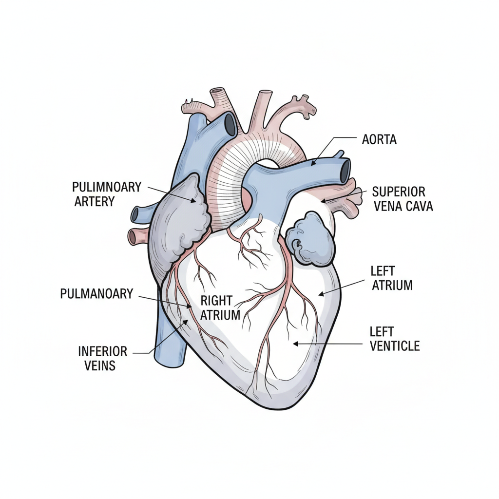 anatomical diagram of the human heart showing 4 chambers and major vessels, clean line art style suitable for science class