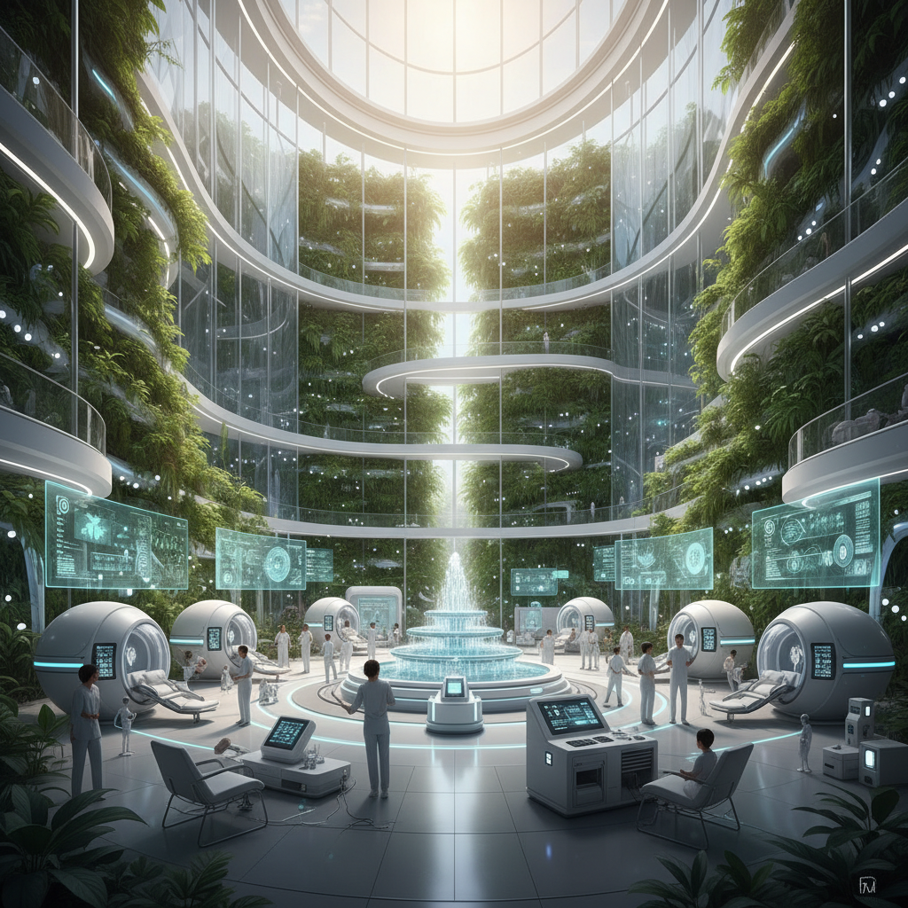 A bright futuristic hospital scene with plenty of light, greenery, and technology coexisting, optimistic atmosphere
