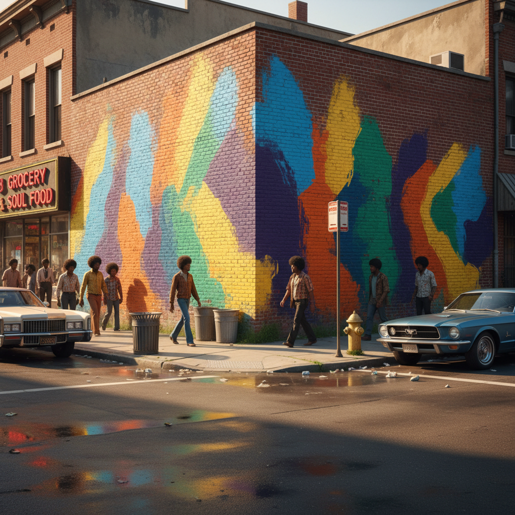 Photorealistic urban street corner in the 1970s, red brick wall with unfinished colorful paint strokes, bright sunlight, African American neighborhood setting, cinematic lighting