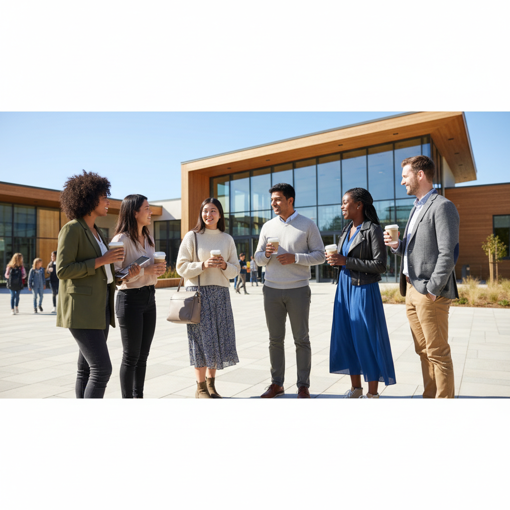 Diverse group of young professional parents chatting outside a modern school building holding coffee, smart casual attire