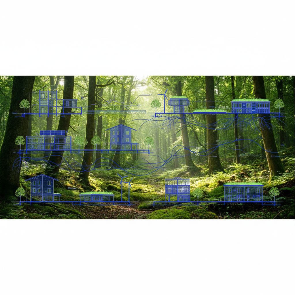 Green forest texture overlayed with architectural blueprint lines, symbolizing sustainable construction