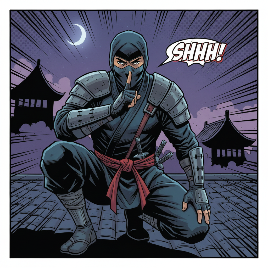 A ninja putting a finger to his lips making a shhh gesture, comic style