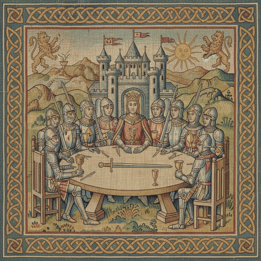 King Arthur round table knights, medieval tapestry style, faded colors, old fabric texture