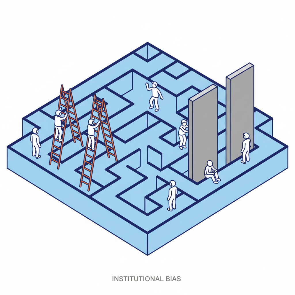 conceptual illustration of a maze where some people have ladders and others encounter walls, representing institutional bias, minimal vector style