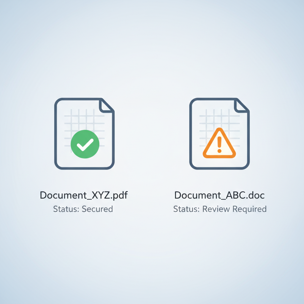 Software interface showing a document with a green checkmark and another with an amber warning light, digital security concept, minimalist UI
