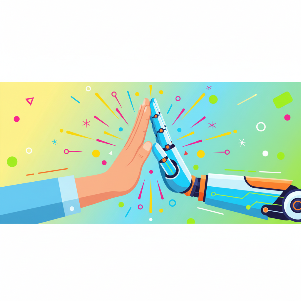 High five between a human hand and a robot hand, bright optimistic colors, vector art style